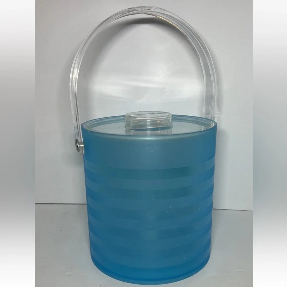 Mid Century Modern Lucite Acrylic Frosted Blue Ice Bucket With Lid Inner Bucket